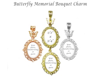 Butterfly Memorial Wedding Bouquet Piece With 1 to 5 Glass-Capped Charms, each with a photo, handwriting, or a quote, 3 Finish Options