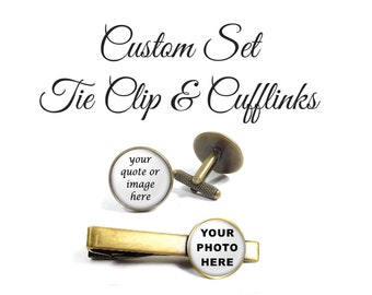Set Custom Photo or Quote Cufflinks & Tie Clip, Personalized Tie Clip, Tie Pin, Custom Tie Bar With Cufflinks, Your Choice of Finish