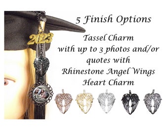 Multi-Photo Tassel Charm, 1 to 3 Photo and/or Quote Charms, With Rhinestone Angel Wings Heart Charm, Graduation Memorial Tassel Charm Gift