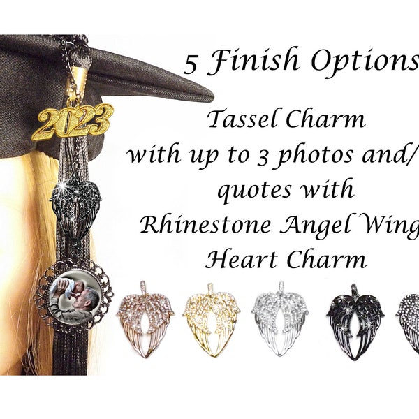 Multi-Photo Tassel Charm, 1 to 4 Photo and/or Quote Charms, With Rhinestone Angel Wings Heart Charm, Graduation Memorial Tassel Charm Gift