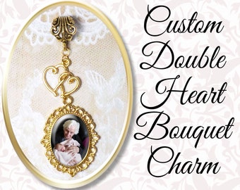 Bridal Bouquet Photo Charm Suspended From Double Heart Charm, Custom Memorial Bouquet Jewelry, Personalized Wedding Charm, Choice of Finish