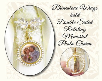 Rhinestone Wings With Double Sided Photo Memorial Charm, 2 photos, photo plus handwriting or quote, Wedding Bouquet 2-Sided Swivel Charm