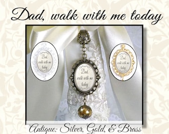 Dad Walk With Me Today, Wedding Bouquet Jewelry, Bridal Bouquet Charm with White or Gold Lace Pearl, Vintage Style Pearl Bouquet Charm