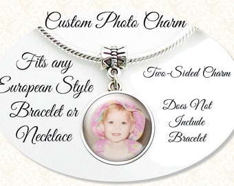 Custom Photo Charm For Your European Charm Bracelet or Necklace Using Your Photos and/or Quote, Two Sided, Double Sided Charm, 2 Finishes