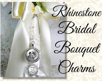 Bridal Bouquet Photo Charm in Rhinestones on Jewel Chain With Two Charms, Wedding Bouquet Memento, Wedding Bling, Shiny Gold or Silver Tone