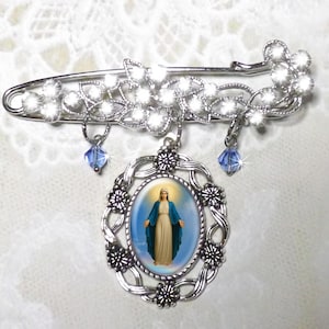 Something Blue Wedding Pin, Blessed Mother Bridal Bouquet Pin, Immaculate Heart of Mary, Mother Mary Kilt Pin, Catholic Jewelry Brooch
