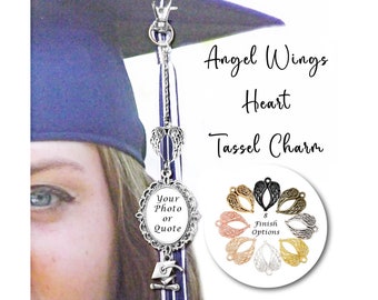 Angel Wings Heart Graduation Tassel Charm, Memorial Photo Charm for Mortarboard Graduation Cap, Graduation Gift, Memory Charm, 5 Finishes