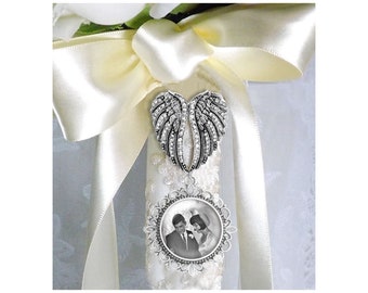 Angel Wings Rhinestone Memorial Wedding Photo Charm, Custom Bride's Bouquet Charm, Sparkly Bridal Bouquet Jewelry, Lace Edge Photo Frame