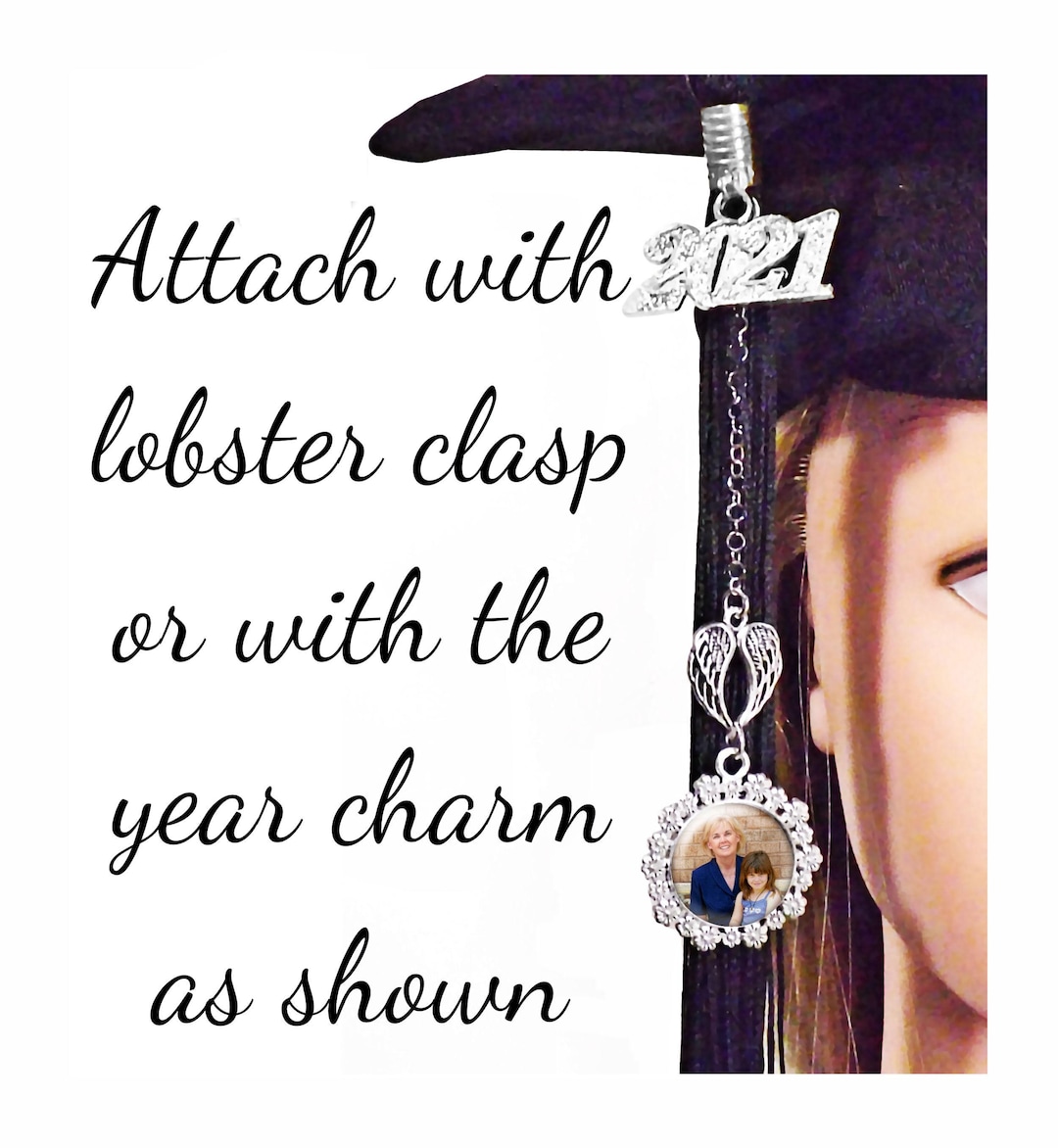 Angel Wings Heart Flower Graduation Tassel Charm, BLACK or SILVER ...