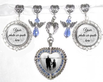Something Blue Sparkly Rhinestone Heart Wedding Bouquet Charm With Three Photo Charms, Crystal Angels Memorial Quote, Bridal Bouquet Jewelry