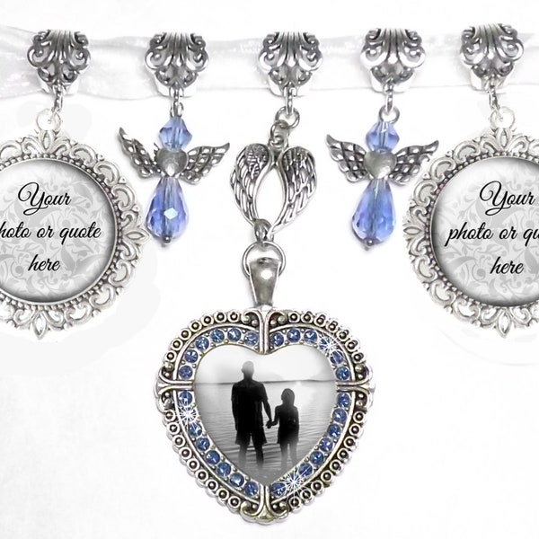 Something Blue Sparkly Rhinestone Heart Wedding Bouquet Charm With Three Photo Charms, Crystal Angels Memorial Quote, Bridal Bouquet Jewelry