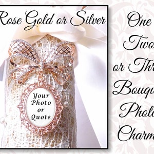 Bridal Bouquet Charm, Rhinestone Bow With 1, 2, or 3 photo and/or quote charms, Rose Gold or Antique Silver, Wedding Bouquet Memory Charm