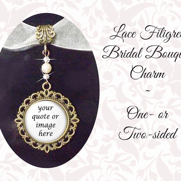 Bridal Bouquet Charm, Crystals & Pearl, One or Two-Sided Custom Wedding Charm, Your Photo and/or Text, Double Sided Memory Charm