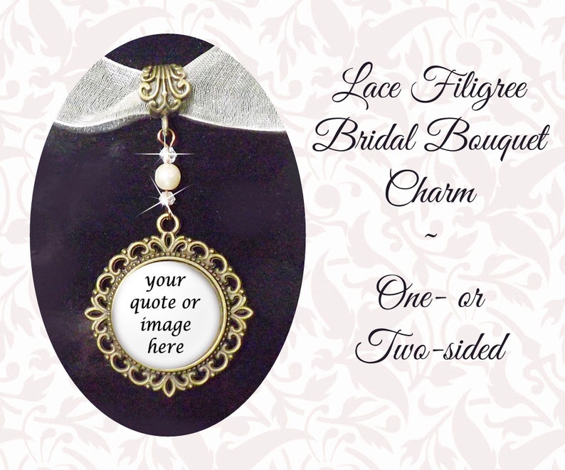 Bridal Bouquet Charm, Crystals & Pearl, One or Two-Sided Custom Wedding Charm, Your Photo and/or Text, Double Sided Memory Charm image 1