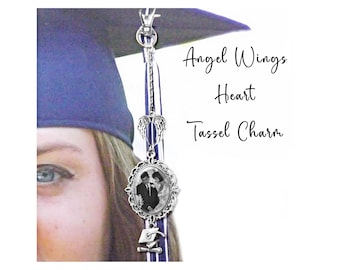 Angel Wings Heart Graduation Tassel Charm, Memorial Photo Charm for Mortarboard Graduation Cap, Graduation Gift, Memory Charm, 5 Finishes