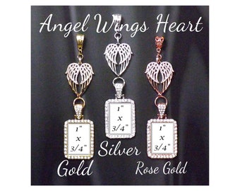 Wedding Bouquet Charm, Rhinestone Angel Wings Heart Bouquet Memorial Charm with Rectangle Photo Charm, Bridal Memento, Your Choice of Finish