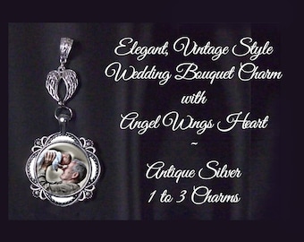 Elegant, Vintage Style Wedding Bouquet Piece With Angel Wings Heart and 1 to 3 Photo and/or Quote Charms, Custom Wedding Bouquet, Silver,