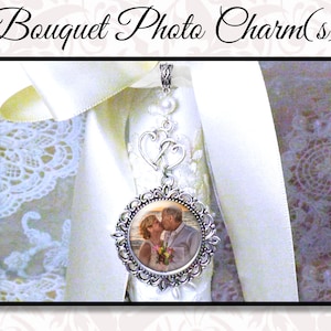 Double Heart Bridal Bouquet Photo Charm, Crystal or Pearl Bead, Custom Wedding Bouquet Jewelry, Personalized Wedding Charm, 2 Finishes