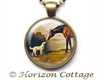 Bay Horse & White Dog - Dog and Horse Painting by George Stubbs - Digital Art - Your Choice Pendant, Key Ring, or Set With Both