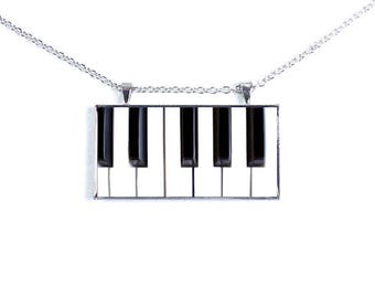 Piano Necklace, Two Inch by One Inch Piano Keyboard Image Set Under Glass Dome, Music to Wear, Gift for Pianist, Musician Gift, Gunmetal