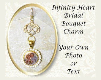 Gold Infinity Heart Bridal Bouquet Photo Charm, Shower Shower Gift, Custom Memorial Wedding Bouquet, Personalized Rhinestone Wedding Charm