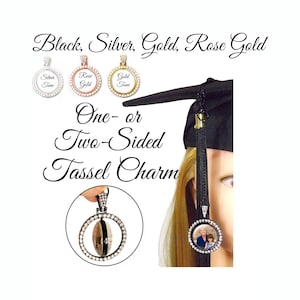 One or Two-Sided Rotating Rhinestone Tassel Charm, Graduation Memorial Photo Charm for Mortarboard Graduation Cap, Four Finish Options