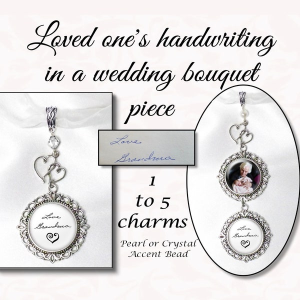 Loved One's Handwriting Bouquet Photo Charm, Crystal or Pearl Bead, Custom Wedding Bouquet Jewelry, Personalized Wedding Charm, 4 Finishes