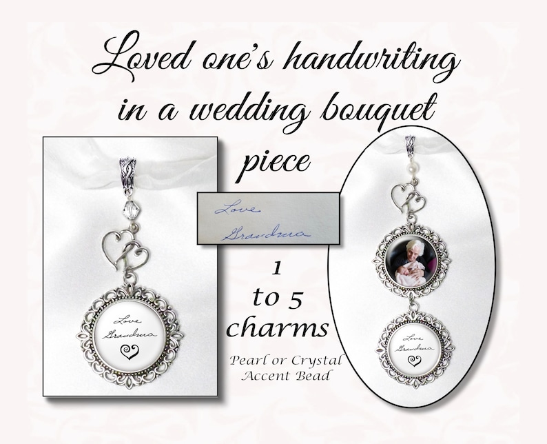 Loved One's Handwriting Bouquet Photo Charm, Crystal or Pearl Bead, Custom Wedding Bouquet Jewelry, Personalized Wedding Charm, 4 Finishes image 1