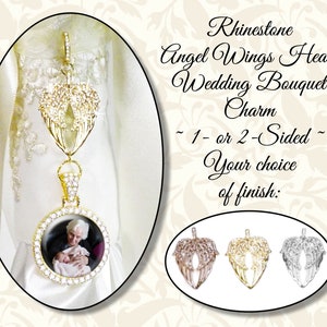 Rhinestone Angel Wings Heart Bouquet Memorial Charm, Single or Double Sided Wedding Memory Charm, Bridal Memento, Your Choice of Finish image 1