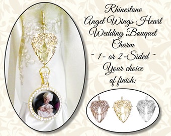 Rhinestone Angel Wings Heart Bouquet Memorial Charm, Single or Double Sided Wedding Memory Charm, Bridal Memento, Your Choice of Finish