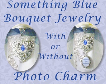 I Carry Something Blue in Memory of You, Filigree Heart Bouquet Jewelry With Blue Crystal, available with or without a photo or quote