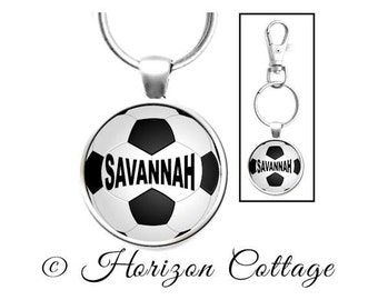 SOCCER BALL with Player's Name in Bag Clip, Custom Soccer Ball Key Ring, Personalized Soccer Ball Backpack Clip, Your Choice of Finish