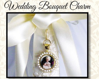 Wedding Bouquet Charm With Rhinestones, Custom Photo Jewelry, Bridal Bouquet Memory Charm, Elegant Wedding Bling, Shiny Gold or Silver Tone