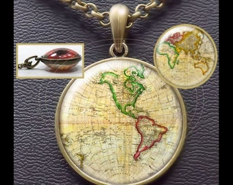 Alten Weltkugel, zwei Seiten, Halskette, Jahrgang Weltkarte, Anhänger oder Schlüsselanhänger
