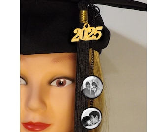 Plain Edge 1 TO 4 Photos and or Text, Graduation Tassel Charm, Memorial Photo Charm for Mortarboard, Graduation Gift, Choice of Finish