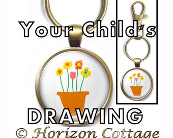 Your Child's Drawing, Kid's Artwork, Your Child's Artwork, Sidewalk Art, Kid's Drawing in a Clip, Key Ring, Your Choice of Finish