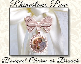 Rhinestone Bow Bridal Bouquet Charm, Custom Photo Shower Gift, Wedding Brooch Memory Charm, Wedding Brooch Jewelry, Wedding Memorial Pin
