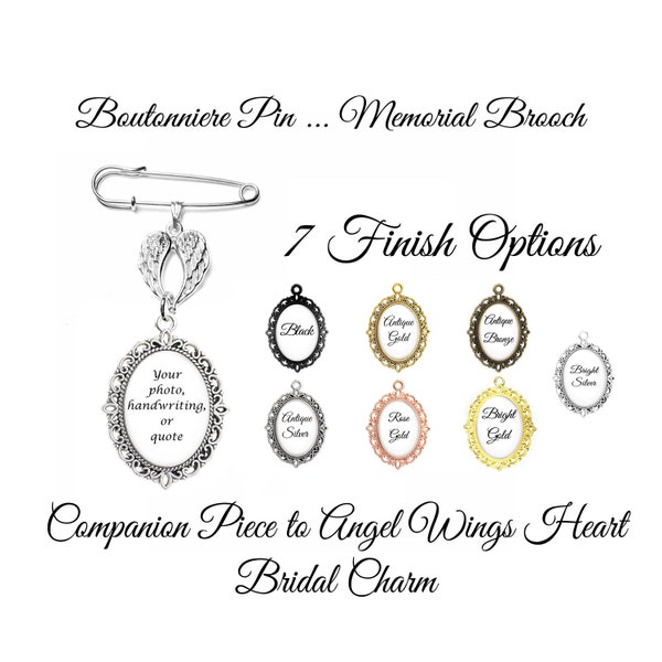 Angel Wings Heart Boutonniere With Your Photo, 1 - 3 Photos or Quotes,  Lapel Kilt Pin, Bouquet Charm, Memorial Custom Wedding Pin, Brooch