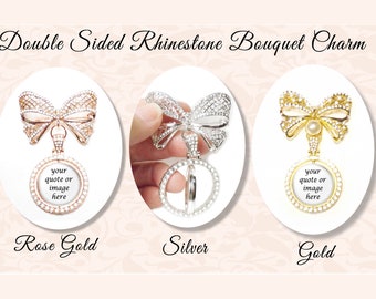 Single or Double Sided Rhinestone Bow Bridal Bouquet Charm, 1 or 2-Sides for Photo and/or Quote, Shower Gift, Wedding Bouquet Memory Charm