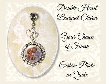 Wedding Bouquet Photo Charm Suspended From Double Heart Charm, Custom Wedding Bouquet Jewelry, Personalized Wedding Charm, Choice of Finish
