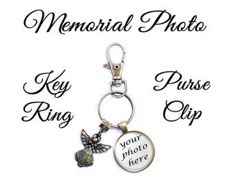 Memorial Keychain & Charm, One or Two-Sided Purse Clip With Angel Charm, Backpack Clip, Loved One or Pet and Wing Charm, One or Two-Sided