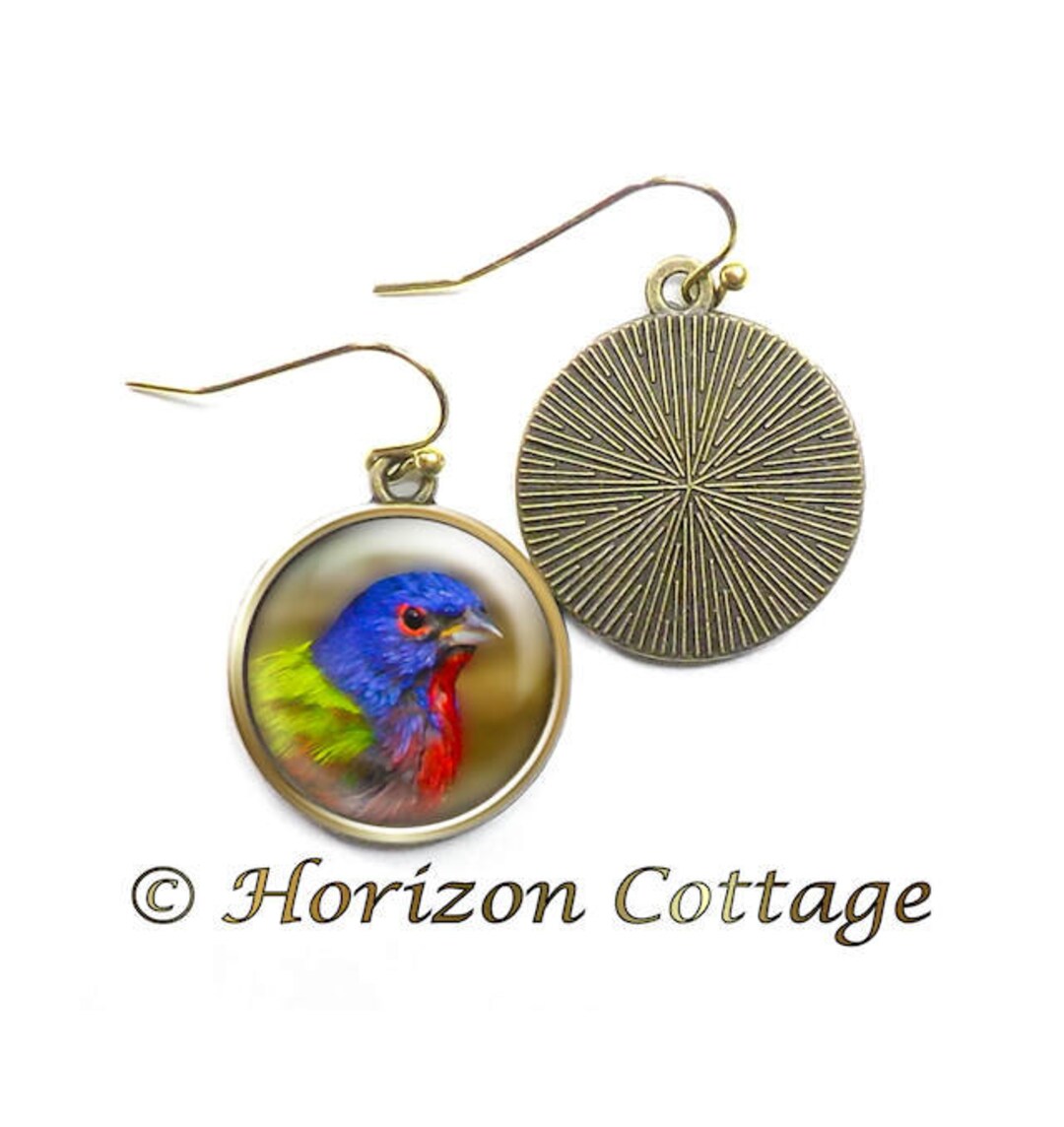 Painted Bunting Earrings, Digital Painting, Tropical Bird Jewelry, Colorful Bird Earrings, Key