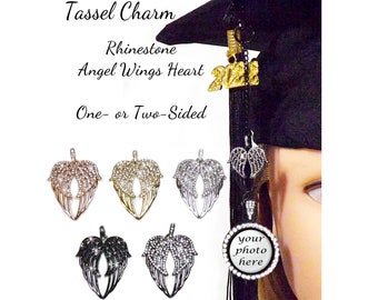 Rhinestone Angel Wings Heart Tassel Charm, 1or2-Sided, Graduation Memorial Photo Charm for Mortarboard Graduation Cap, Graduation Gift