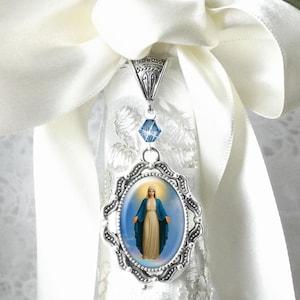 Blessed Mother Bouquet Charm, Ribbon Frame, Blue Crystal Accent Bead, Something Blue Mary Medal, Mother Mary Catholic Bouquet Charm
