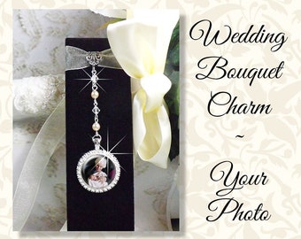 Bridal Bouquet Photo Charm in Rhinestones on Jewel Chain, Wedding Bouquet Memory Charm, Wedding Bling, Shiny Gold or Silver Tone