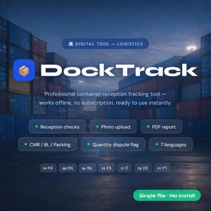 May include: The image shows DockTrack, a digital logistics tool, with a background of shipping containers. It highlights features such as reception checks, photo uploads, and PDF reports. The tool supports 7 languages and works offline.