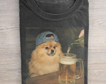 Pomeranian Drinking Beer Graphic T-shirt, Funny Pomeranian Shirt, Animal Meme Tee, Dog Lover Gift, Vintage Comfort Color T-shirt
