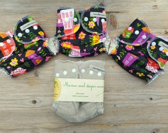 3psc hemp-cotton cloth diapers set/pack for baby + merino wool cover size S-M nappy starter