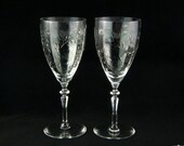 Rock Sharpe Water Glasses Wine Glasses - Pillar Optic Polished Cut Floral Leafy Pattern 2011-18 - Vintage 1930s Stemware (pair)