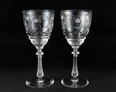 Rock Sharpe Stem 1013 Water or Wine Glasses Goblets Cut Leafy Floral Pattern w- Swags - Vintage 1940s Stemware (pair)